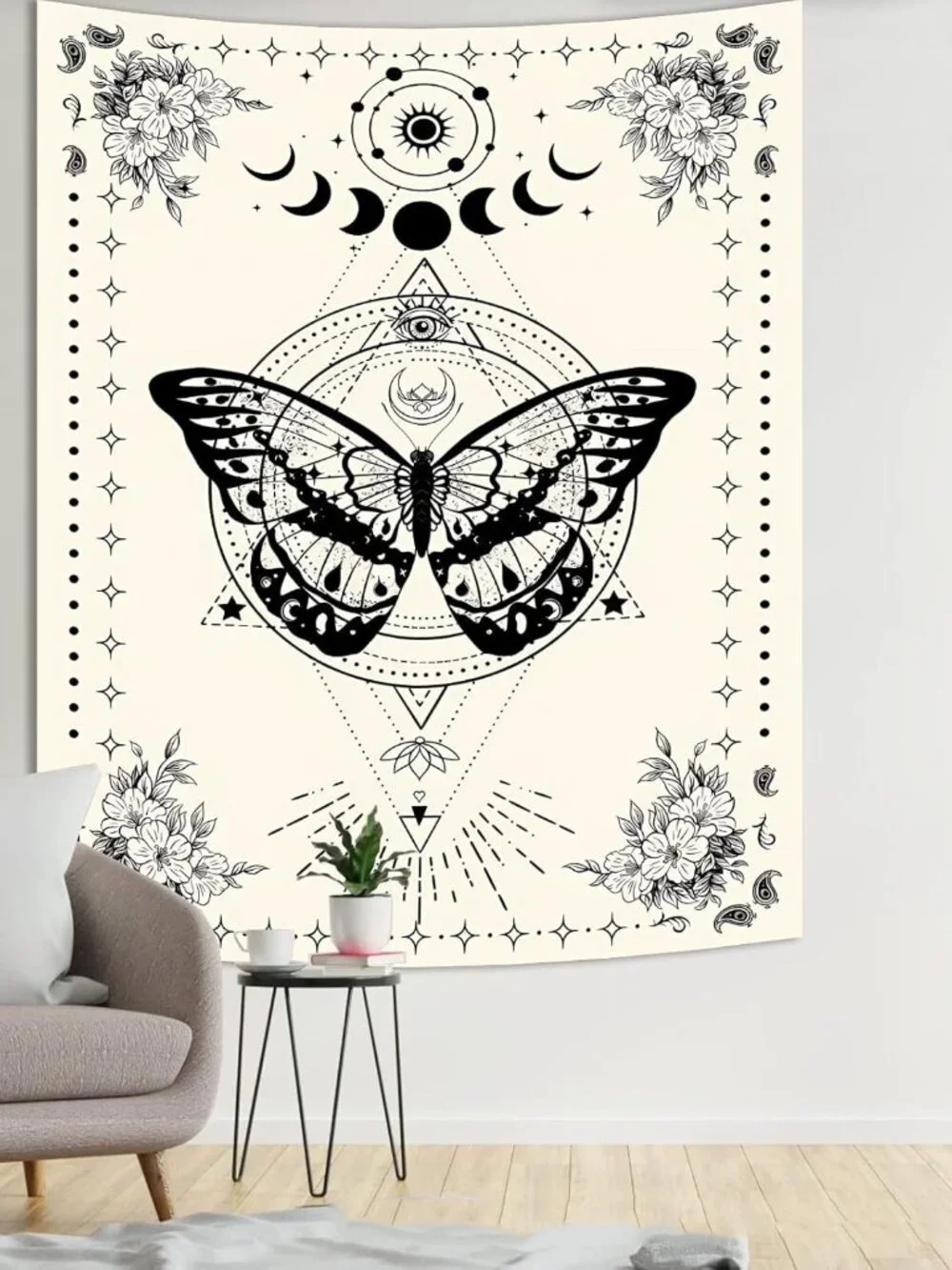 35.48 Inch Mystical Boho Butterfly Moon Phase Floral Wall Tapestry